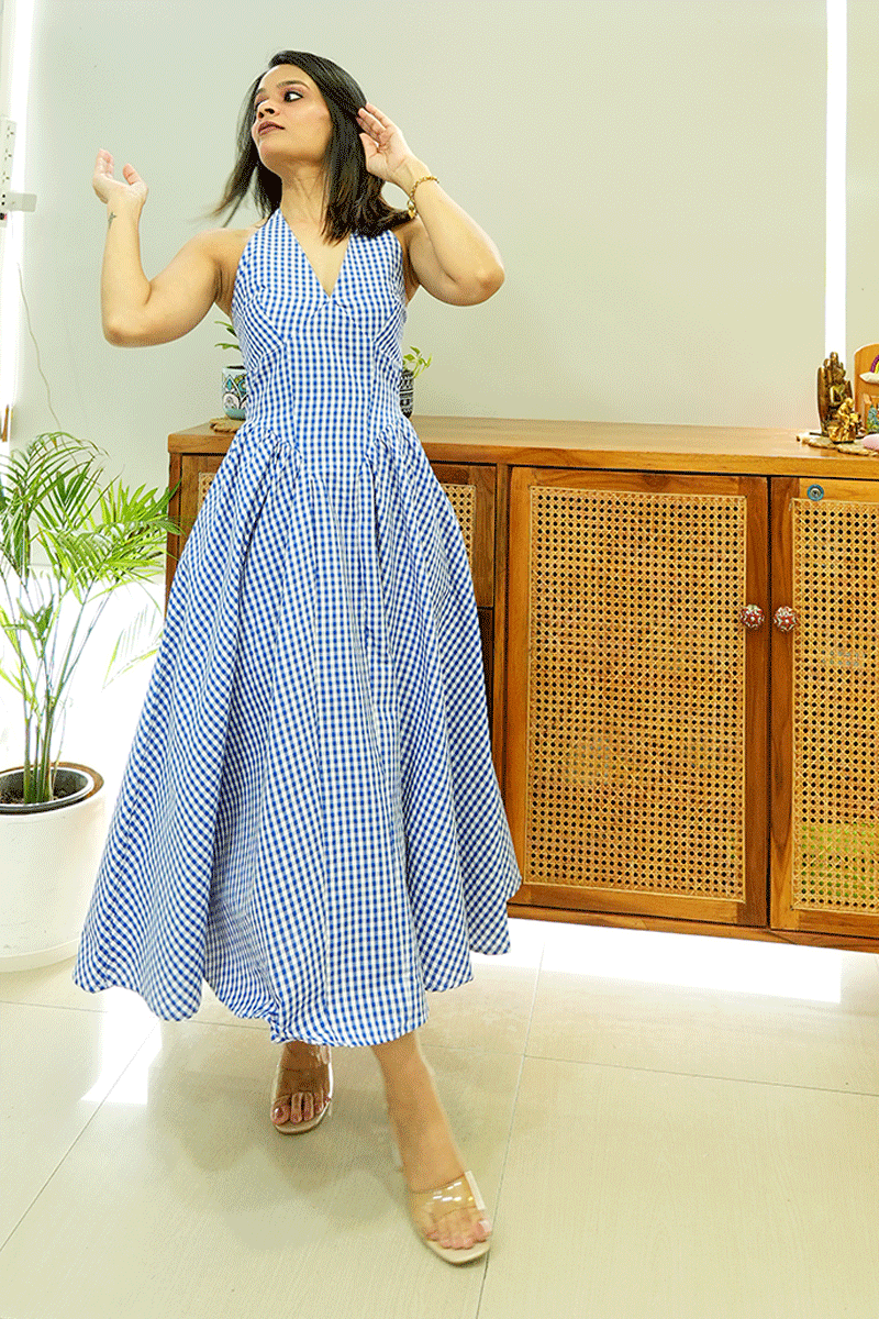 Blue Gingham Halter Neck Midi Dress