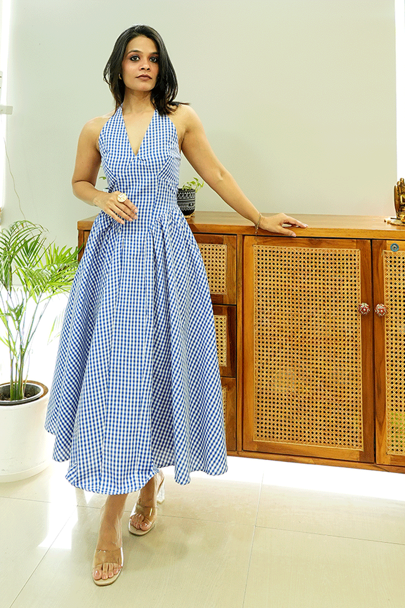 Blue Gingham Halter Neck Midi Dress