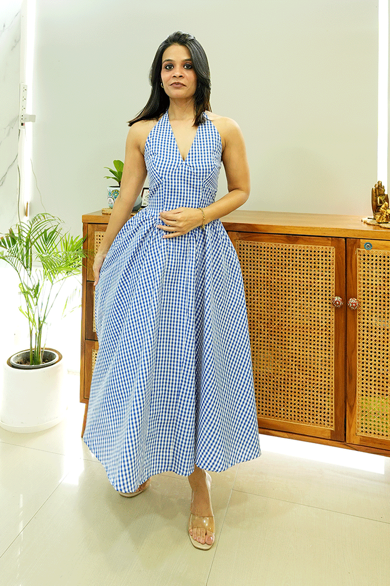 Blue Gingham Halter Neck Midi Dress