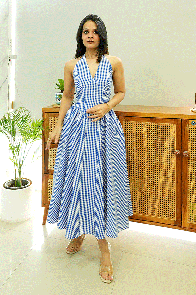 Blue Gingham Halter Neck Midi Dress