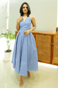 Blue Gingham Halter Neck Midi Dress