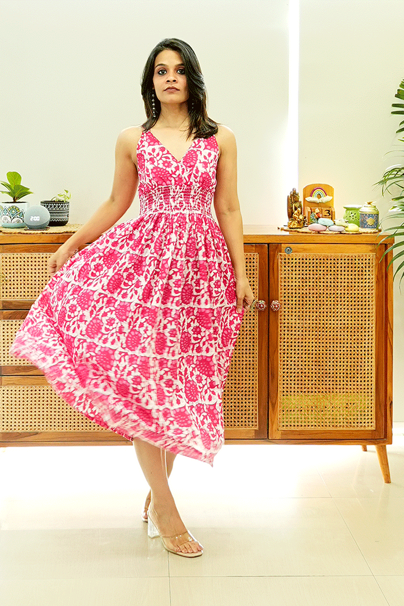 Pink Floral Cotton Smocked Midi Dress