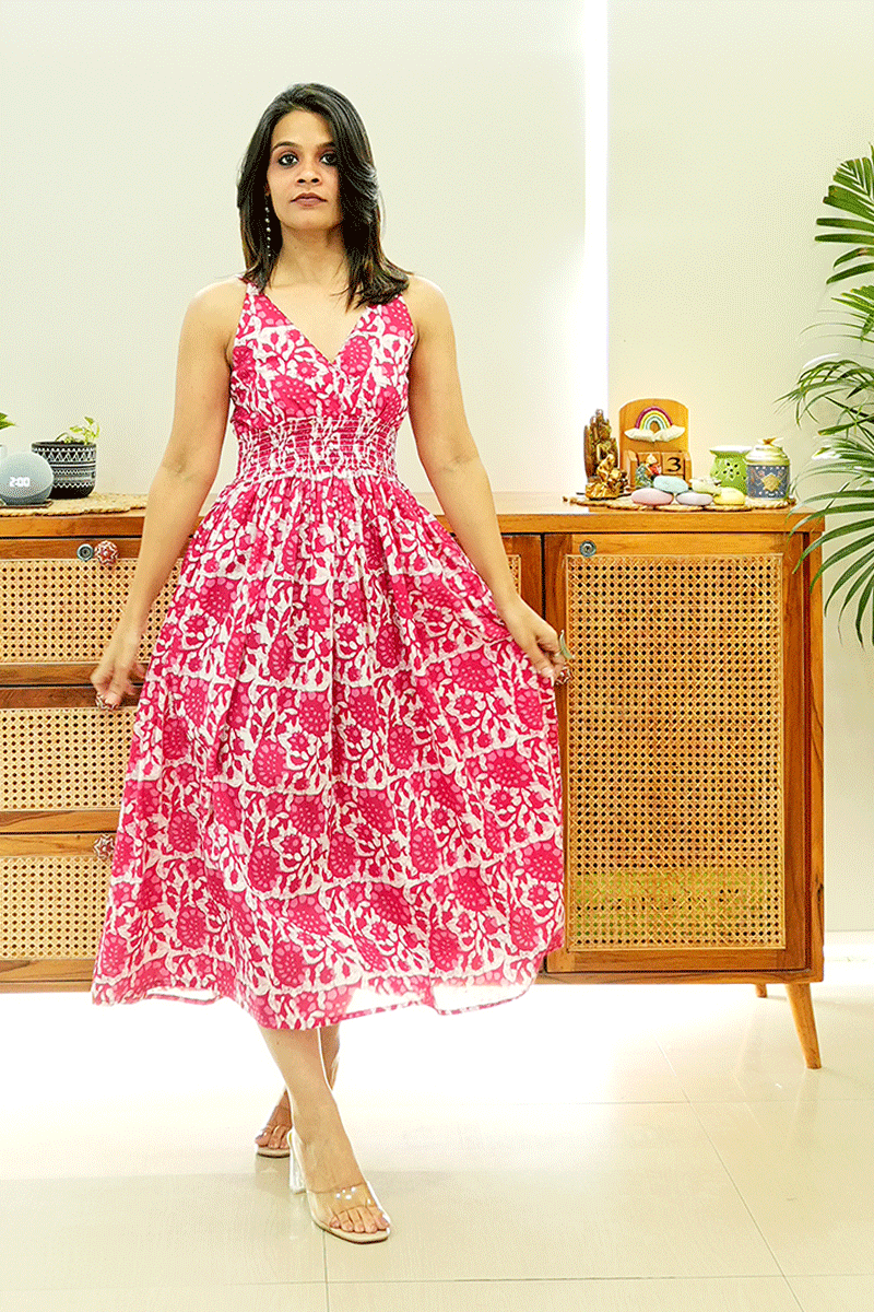 Pink Floral Cotton Smocked Midi Dress