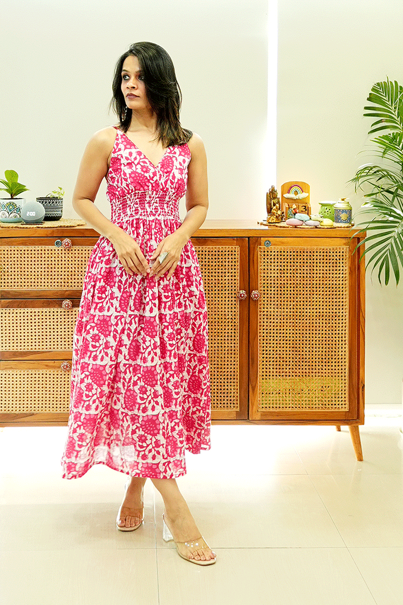 Pink Floral Cotton Smocked Midi Dress