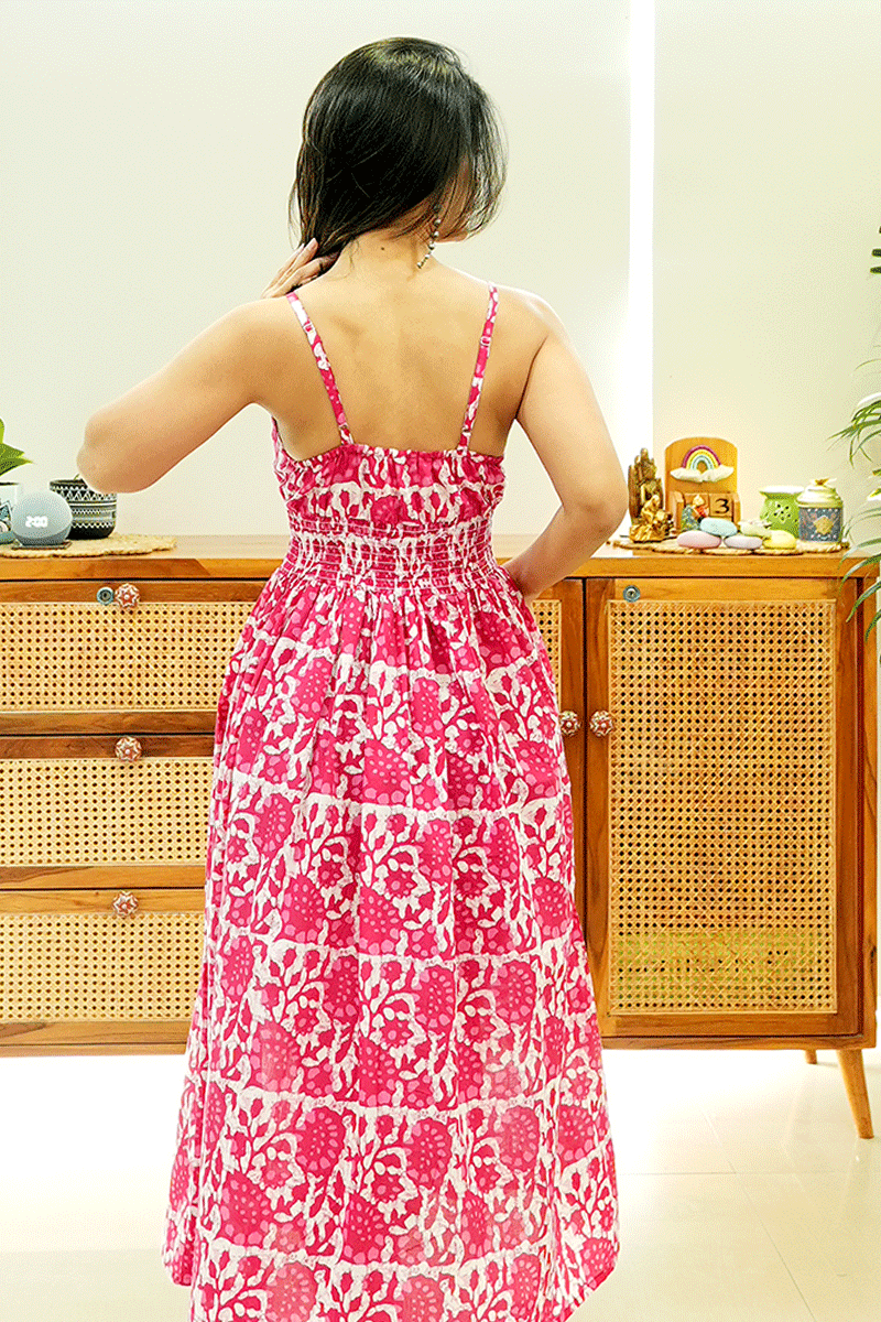 Pink Floral Cotton Smocked Midi Dress
