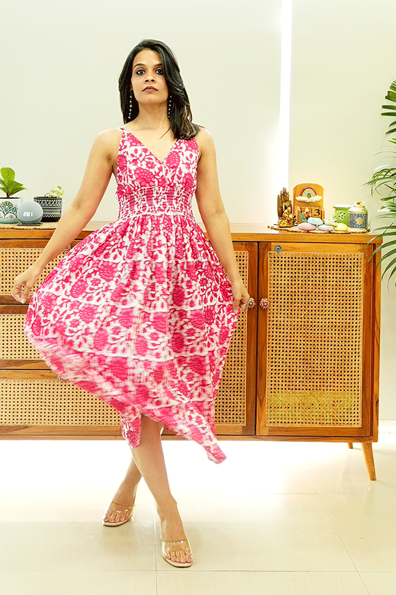 Pink Floral Cotton Smocked Midi Dress