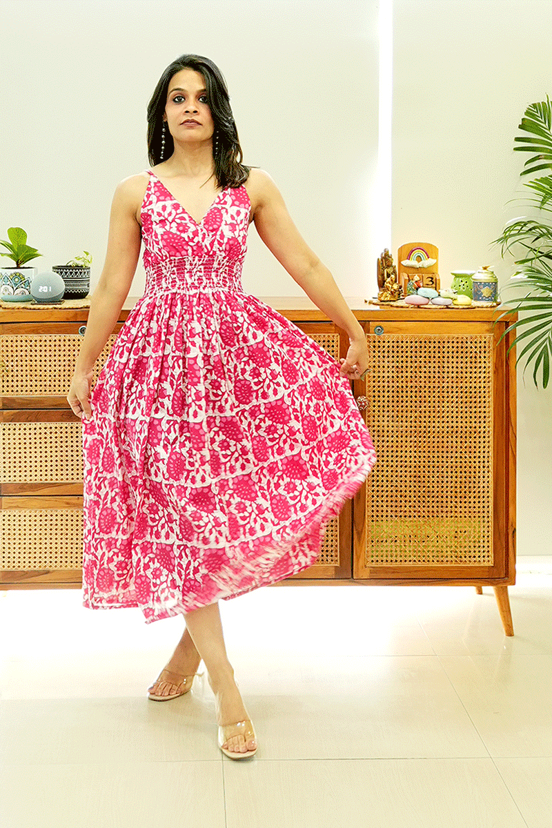Pink Floral Cotton Smocked Midi Dress