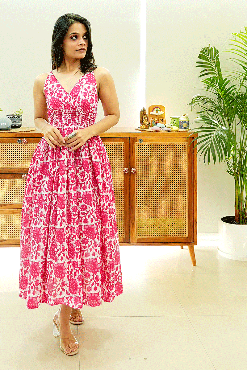 Pink Floral Cotton Smocked Midi Dress