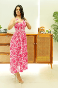Pink Floral Cotton Smocked Midi Dress