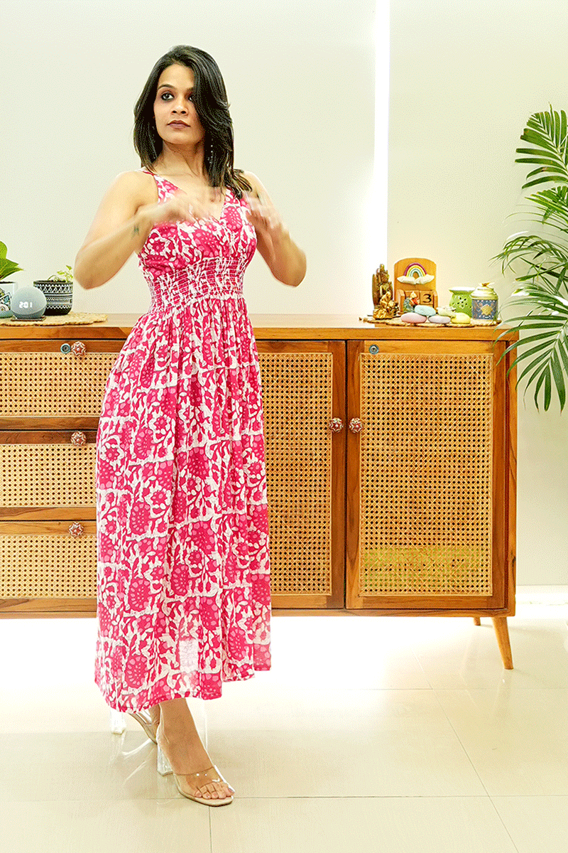 Pink Floral Cotton Smocked Midi Dress