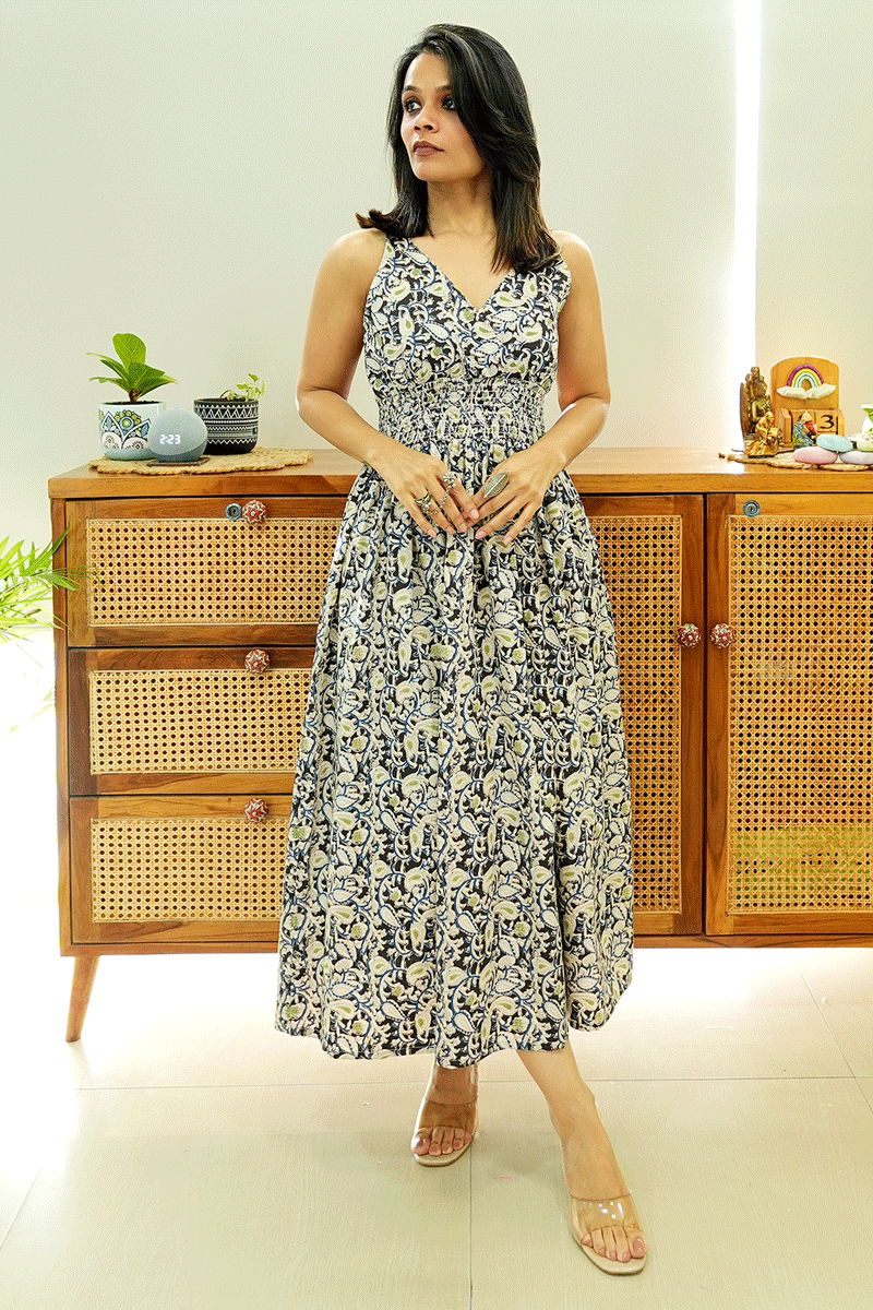 Black Blue Kalamkari Cotton Dress