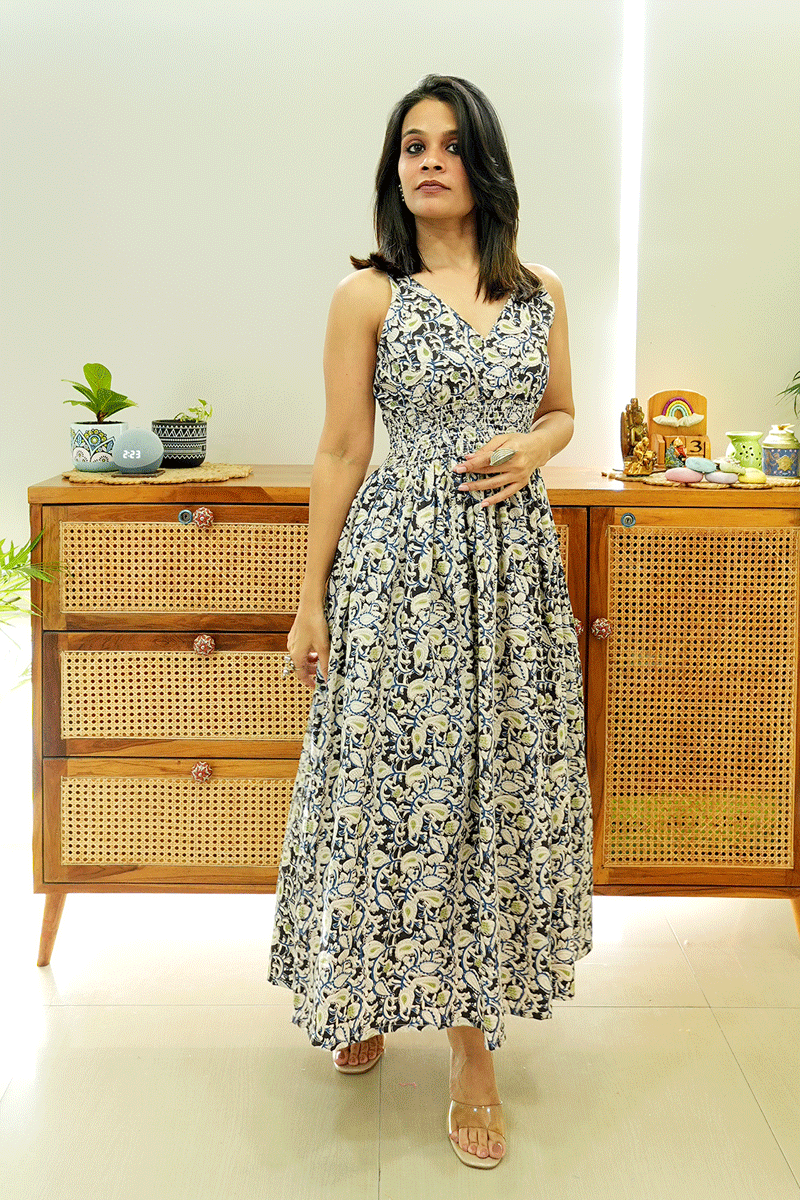 Black Blue Kalamkari Cotton Dress