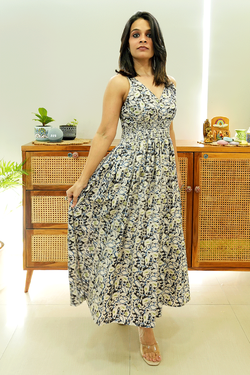 Black Blue Kalamkari Cotton Dress
