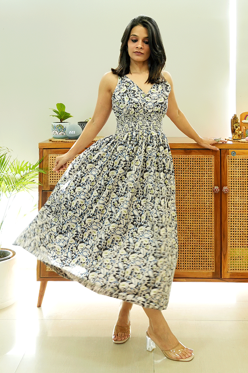 Black Blue Kalamkari Cotton Dress