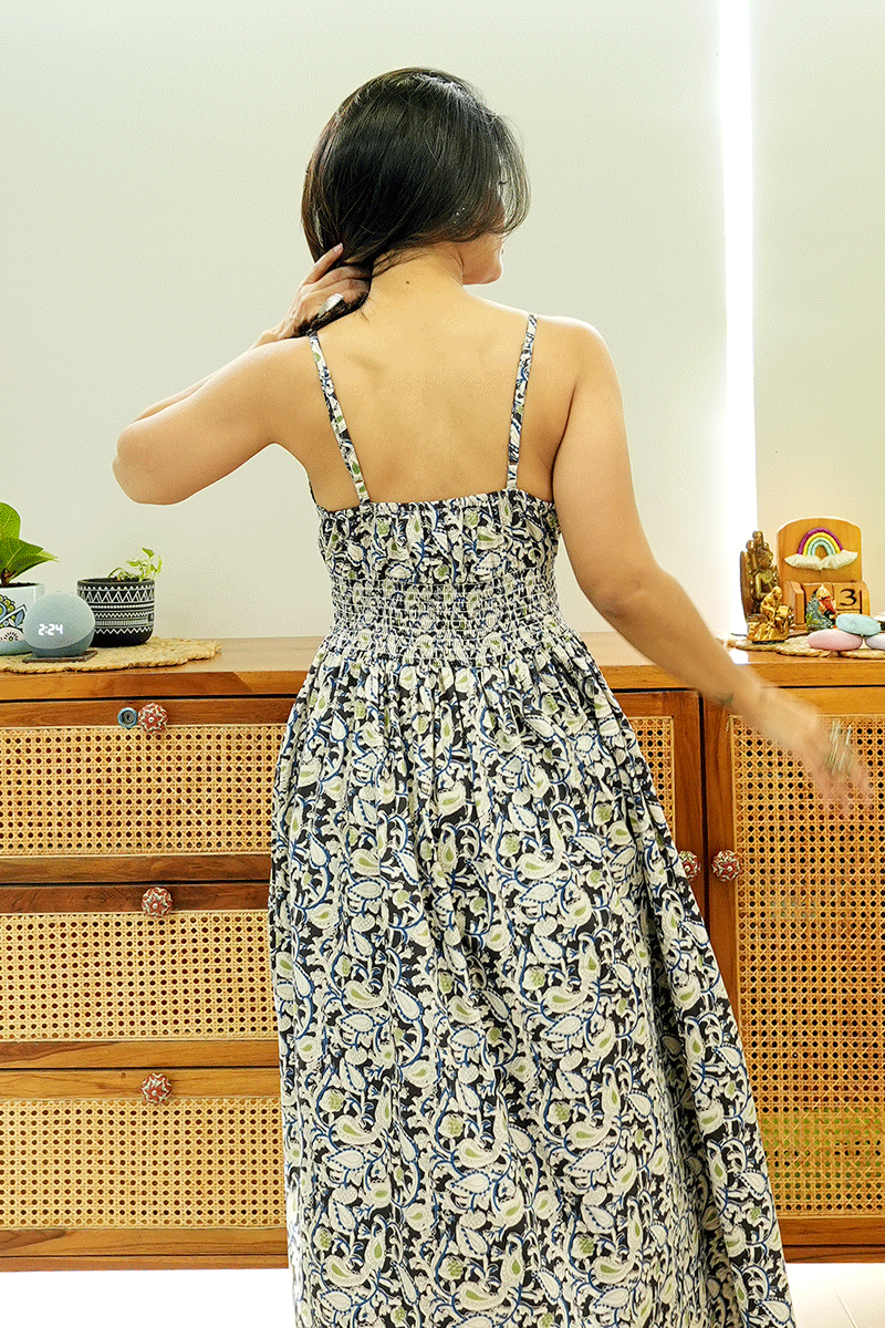 Black Blue Kalamkari Cotton Dress