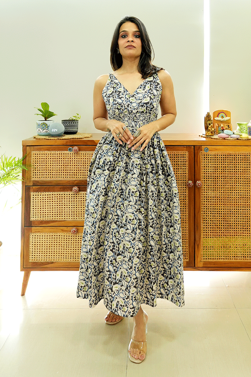 Black Blue Kalamkari Cotton Dress