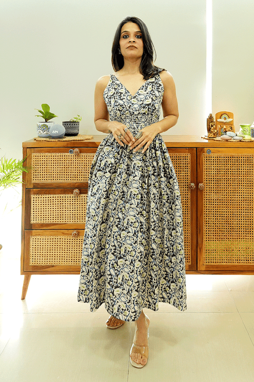 Black Blue Kalamkari Cotton Dress