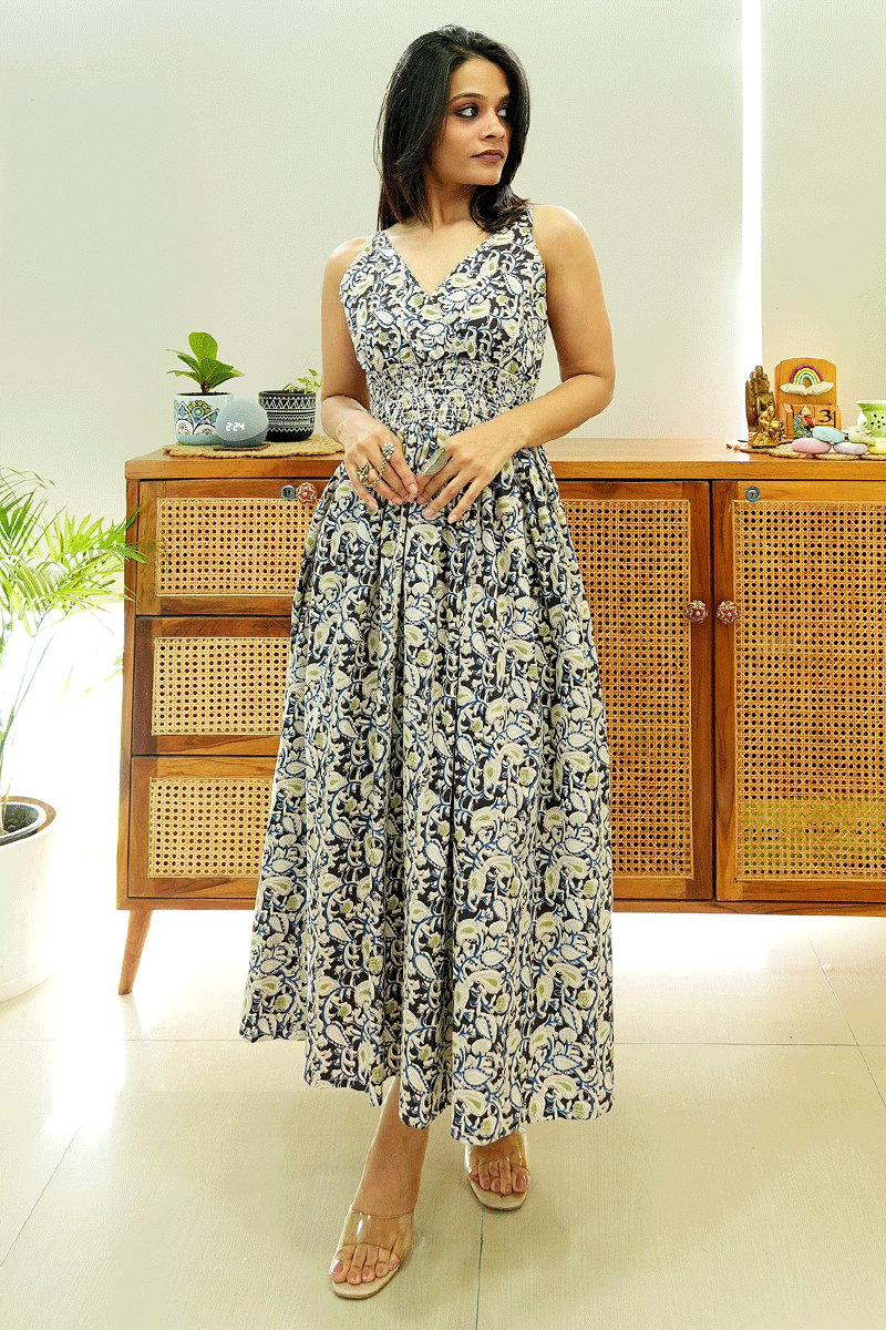 Black Blue Kalamkari Cotton Dress