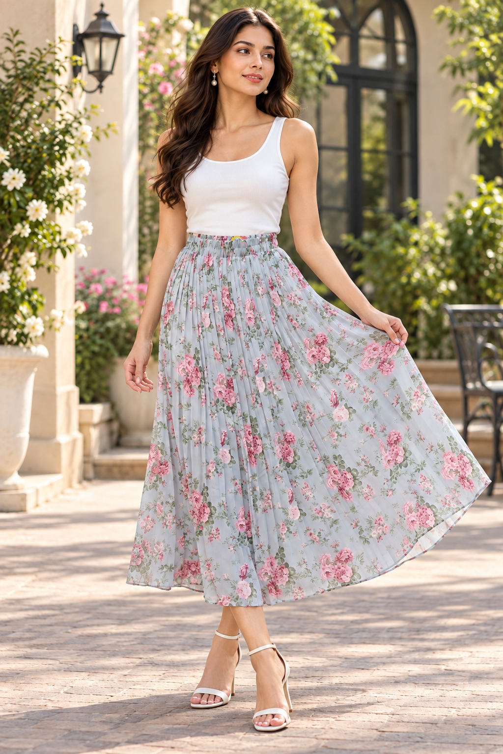 Misty Grey Pink Blossom Georgette Maxi Skirt