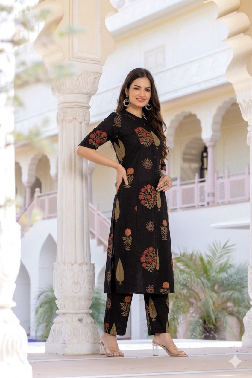 Midnight Black Floral Block-Print Cotton Co-ord Set