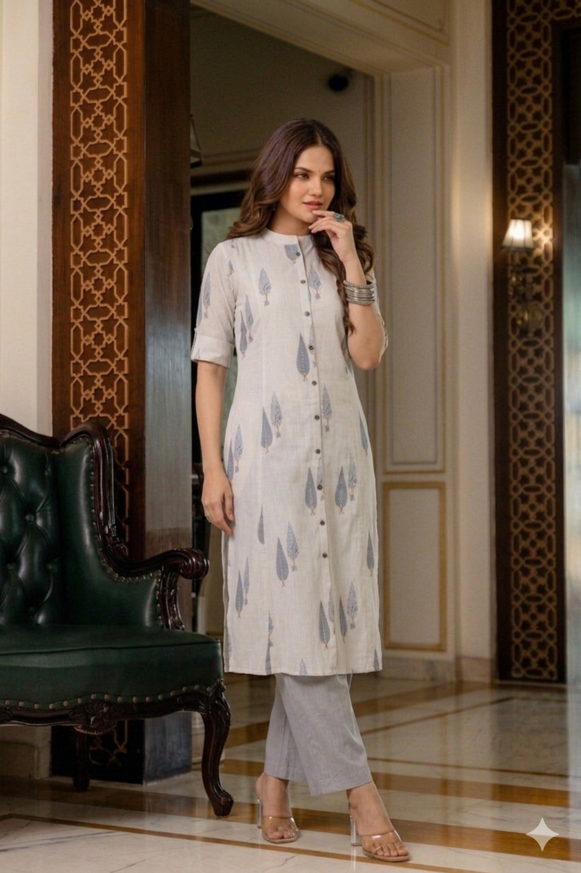 Steel Grey & Charcoal Leaf A-Line Cotton Co-ord Set