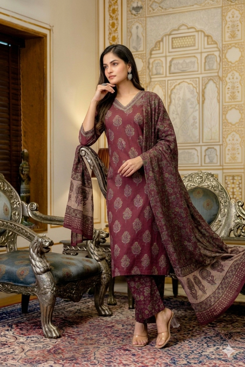 Burgundy Mughal Cotton Suit Set