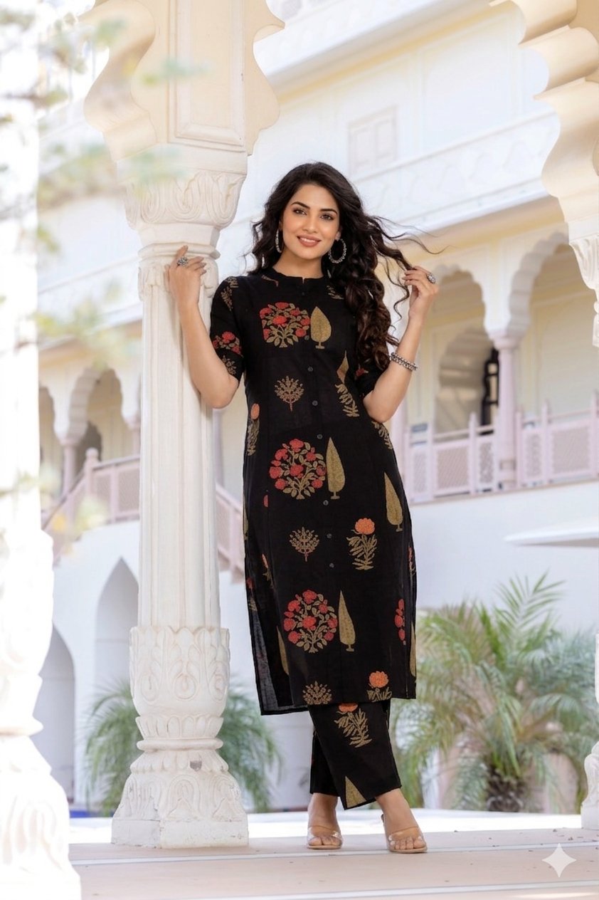 Midnight Black Floral Block-Print Cotton Co-ord Set