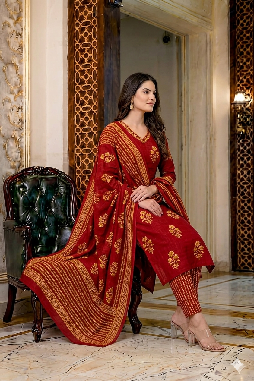 Crimson Red Floral Handblock Cotton Suit Set