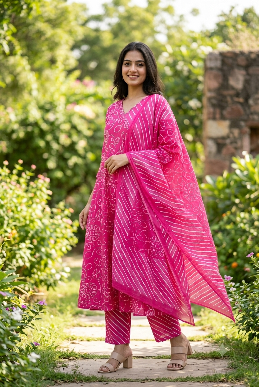 Rani Pink Bandhani Angrakha Anarkali Set