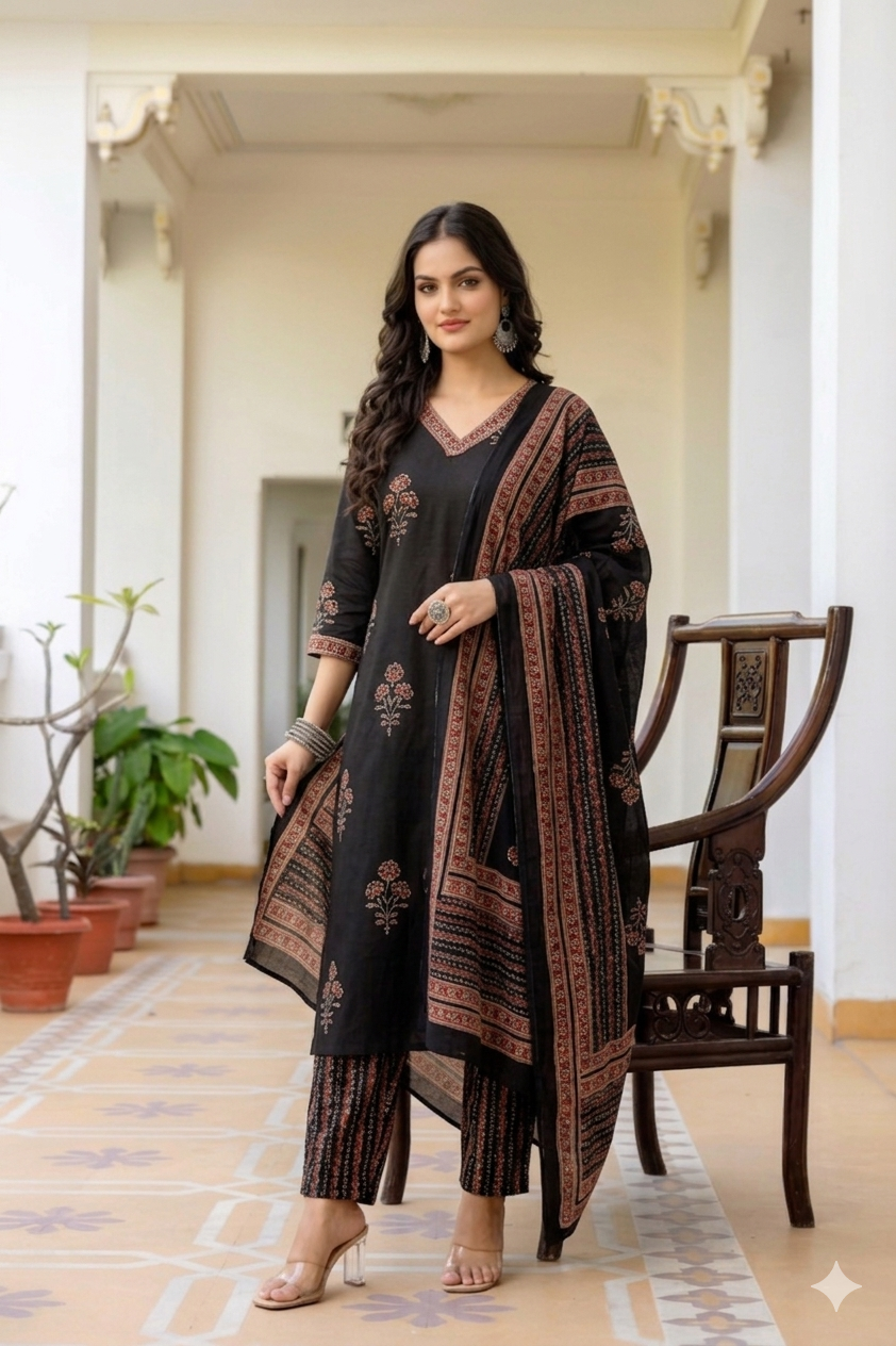 Midnight Black Floral Handblock Cotton Suit Set