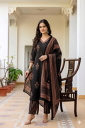 Midnight Black Floral Handblock Cotton Suit Set