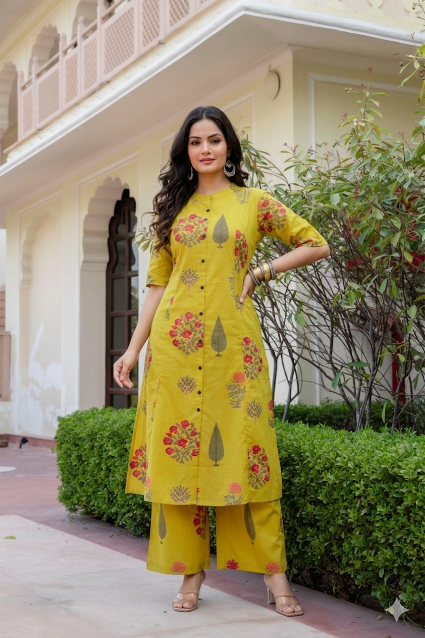 Lime Green Floral Block-Print A-Line Cotton Co-ord Set