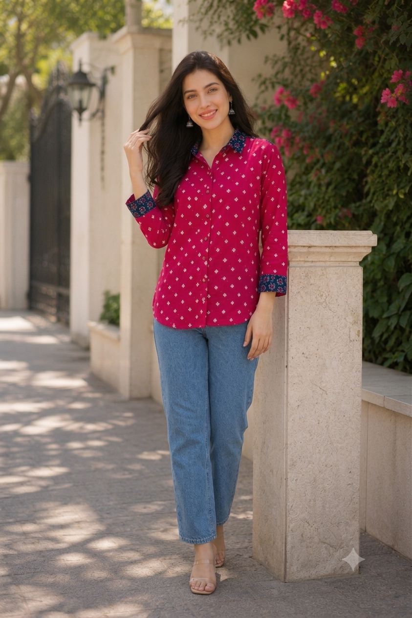 Hot Pink & Indigo Modal Silk Bandhej Ajrakh Fusion Shirt