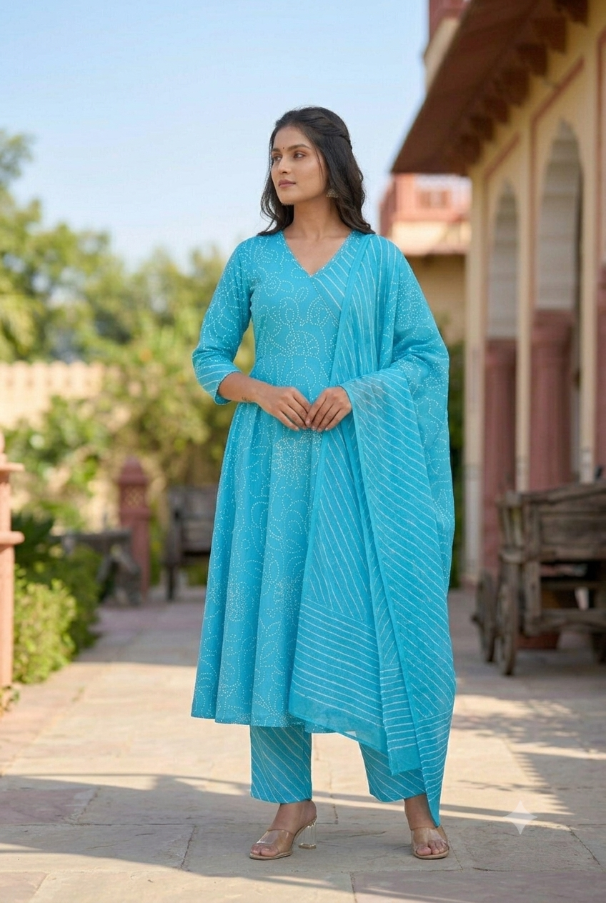 Neelambari Bandhani Angrakha Anarkali Set