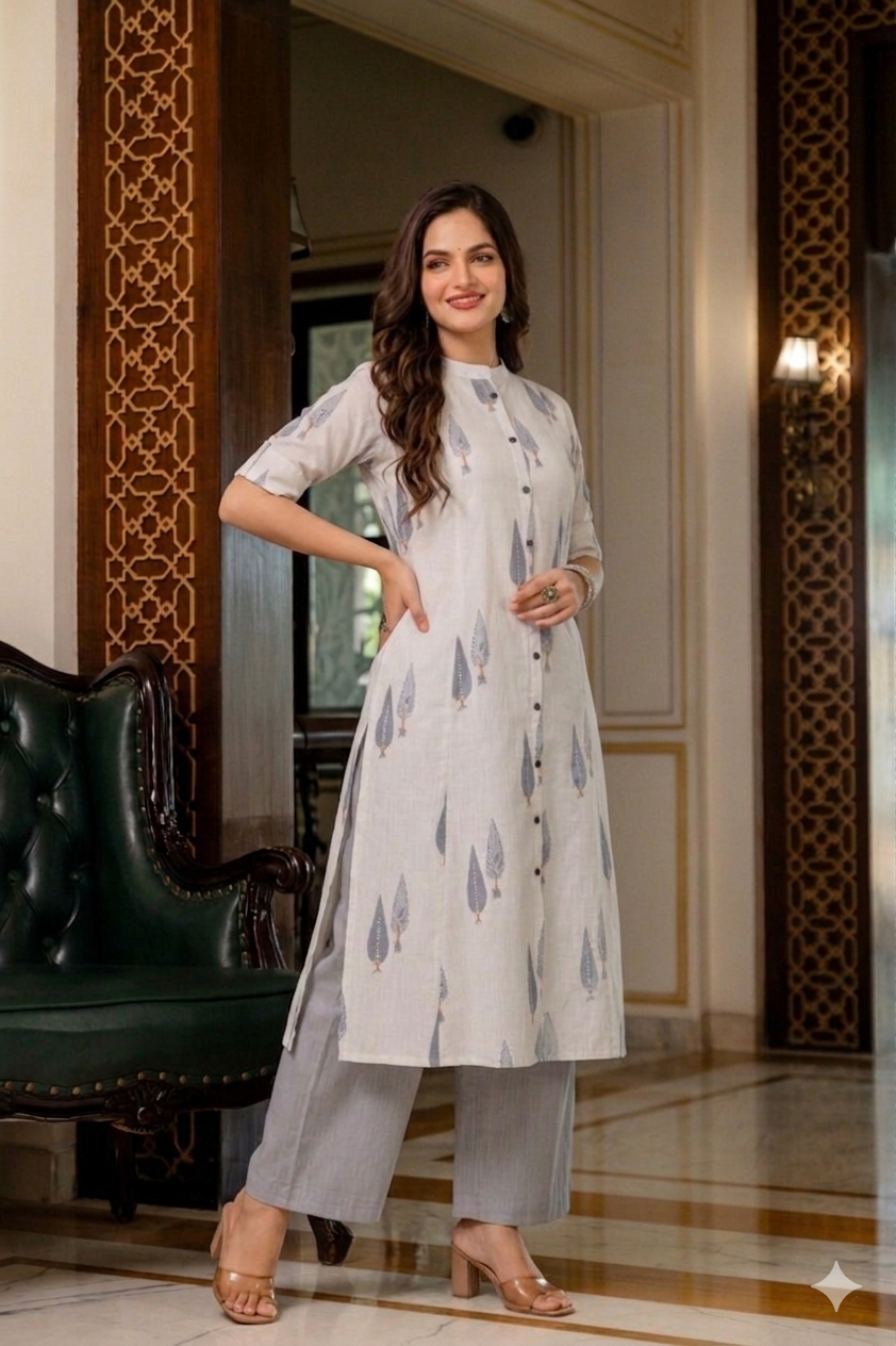 Steel Grey & Charcoal Leaf A-Line Cotton Co-ord Set