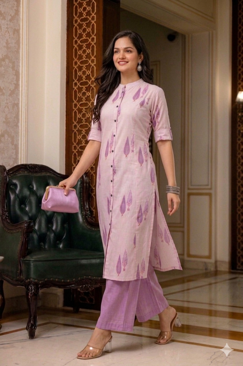 Pastel Lilac Leaf Handblock A-Line Cotton Co-ord Set
