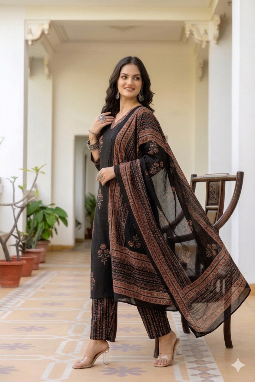 Midnight Black Floral Handblock Cotton Suit Set