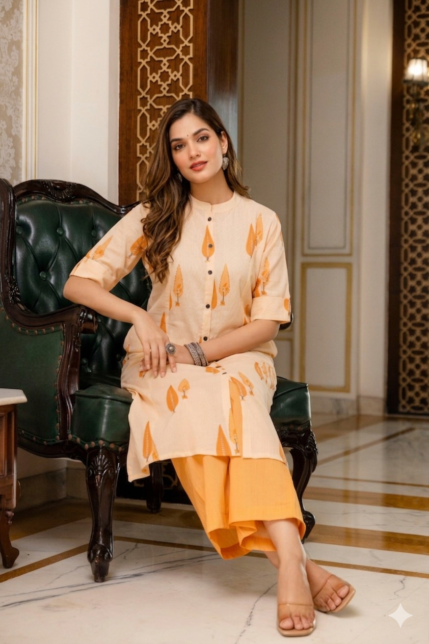 Soft Peach & Coral Leaf A-Line Cotton Co-ord Set