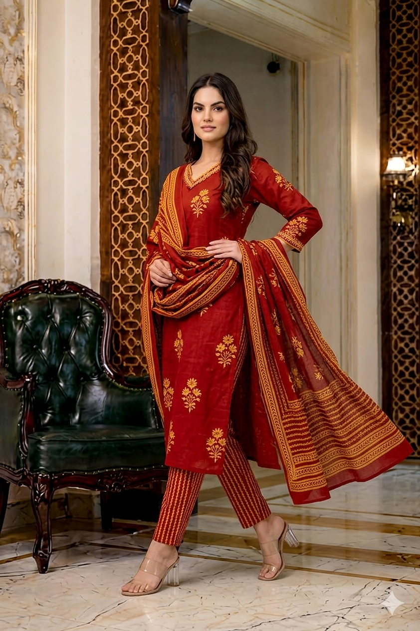 Crimson Red Floral Handblock Cotton Suit Set