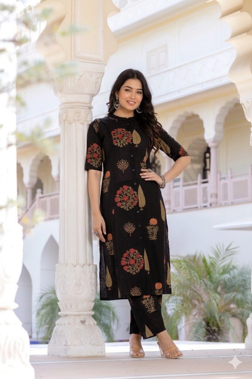 Midnight Black Floral Block-Print Cotton Co-ord Set