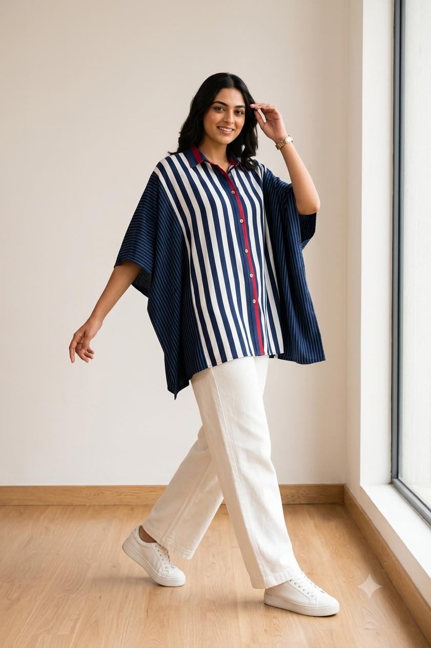 Indigo & Ivory Striped Kaftan Shirt