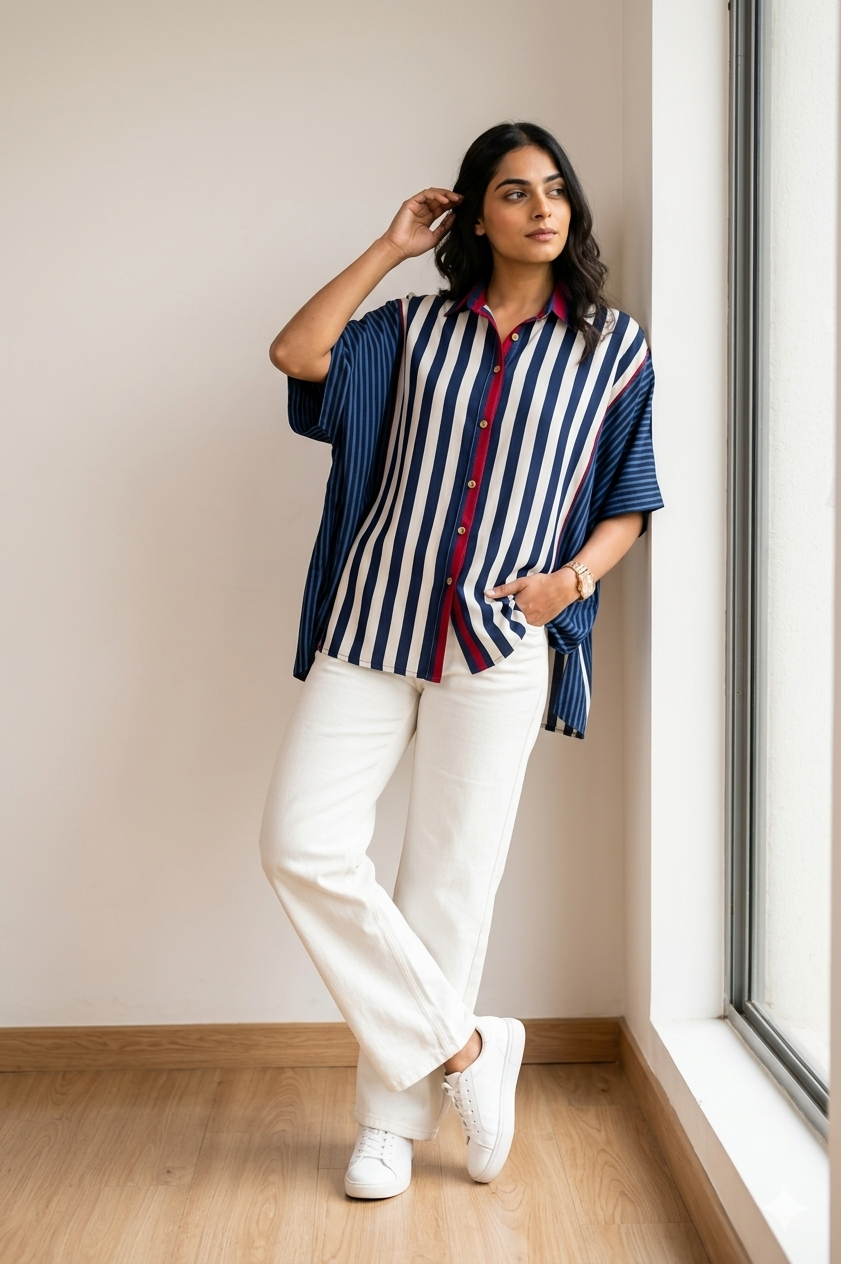 Indigo & Ivory Striped Kaftan Shirt