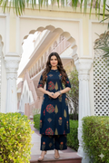 Indigo Blue Floral Block-Print A-Line Cotton Co-ord Set