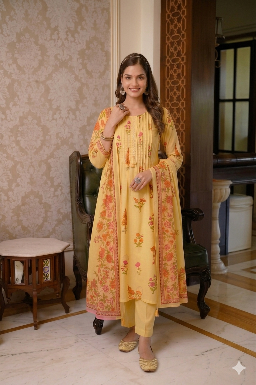 Sunlight Yellow Floral A-Line Cotton Suit Set