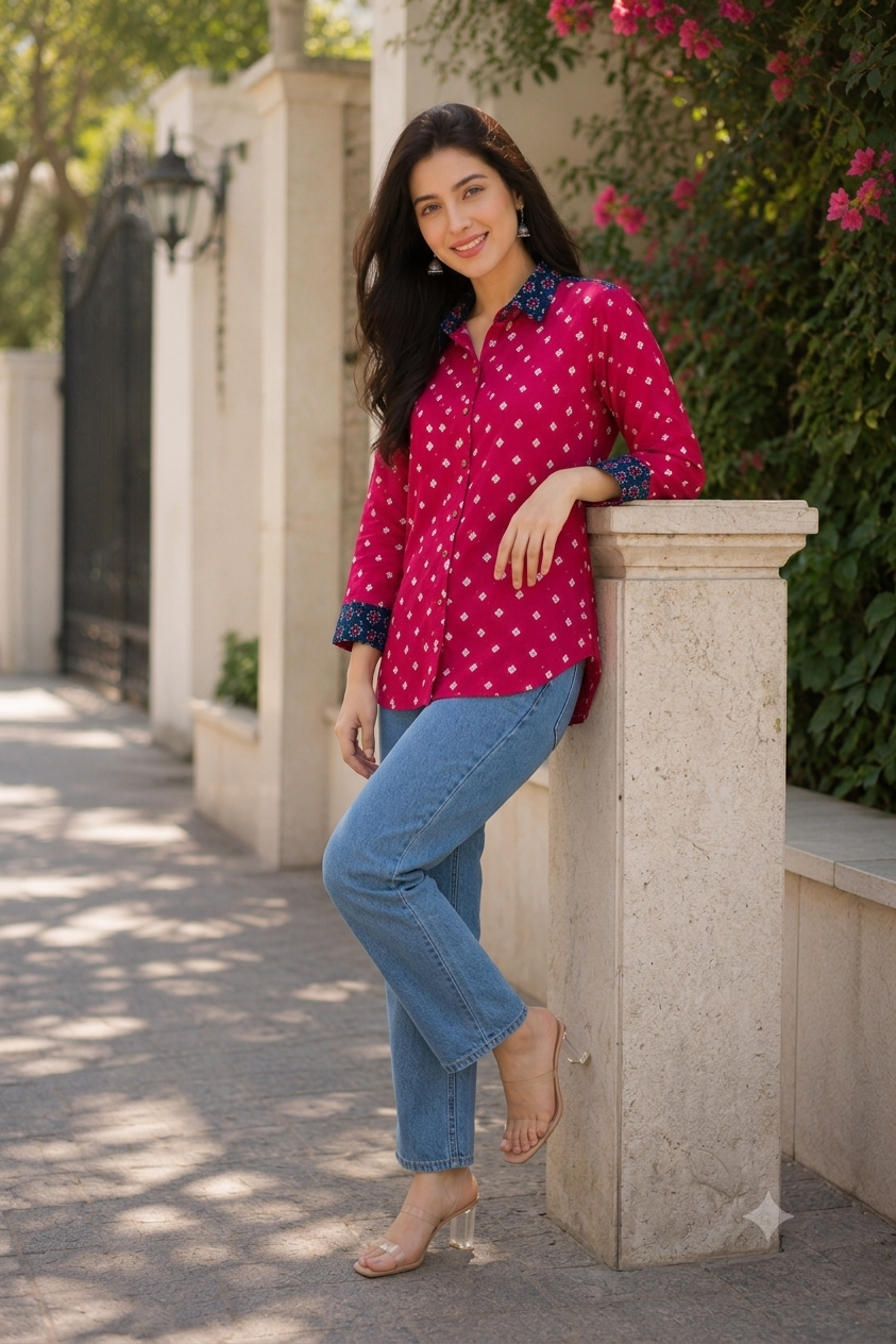 Hot Pink & Indigo Modal Silk Bandhej Ajrakh Fusion Shirt
