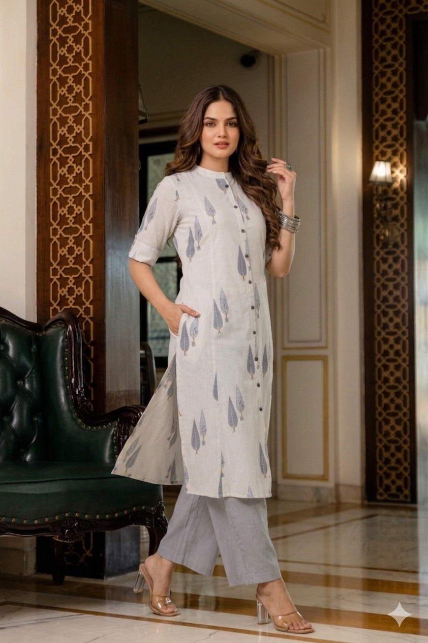 Steel Grey & Charcoal Leaf A-Line Cotton Co-ord Set