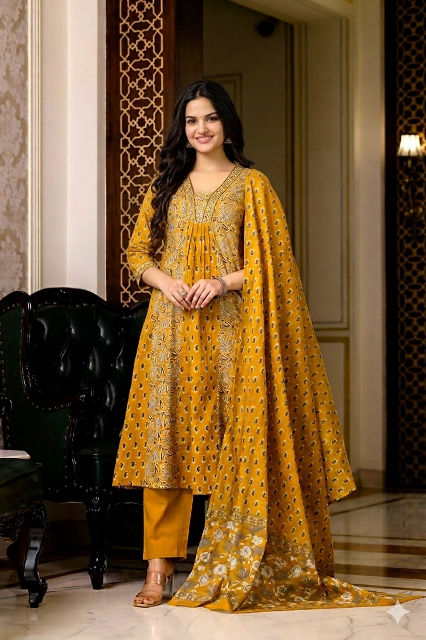 Mustard Yellow Floral A-Line Cotton Suit Set