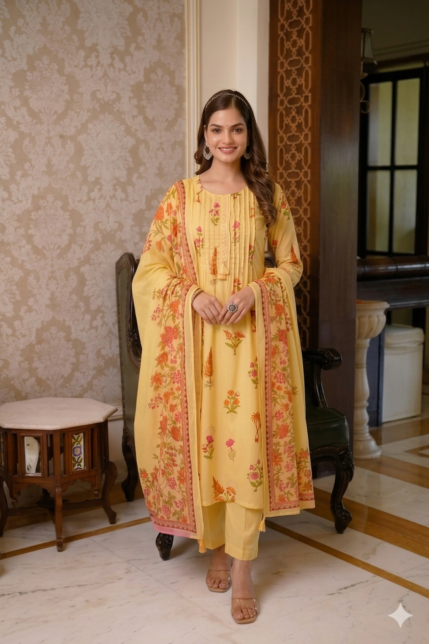 Sunlight Yellow Floral A-Line Cotton Suit Set