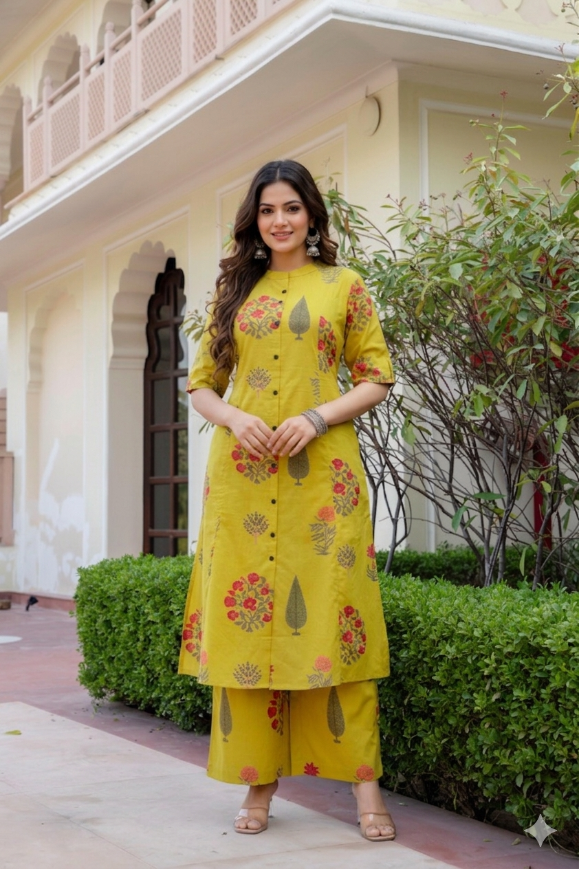 Lime Green Floral Block-Print A-Line Cotton Co-ord Set