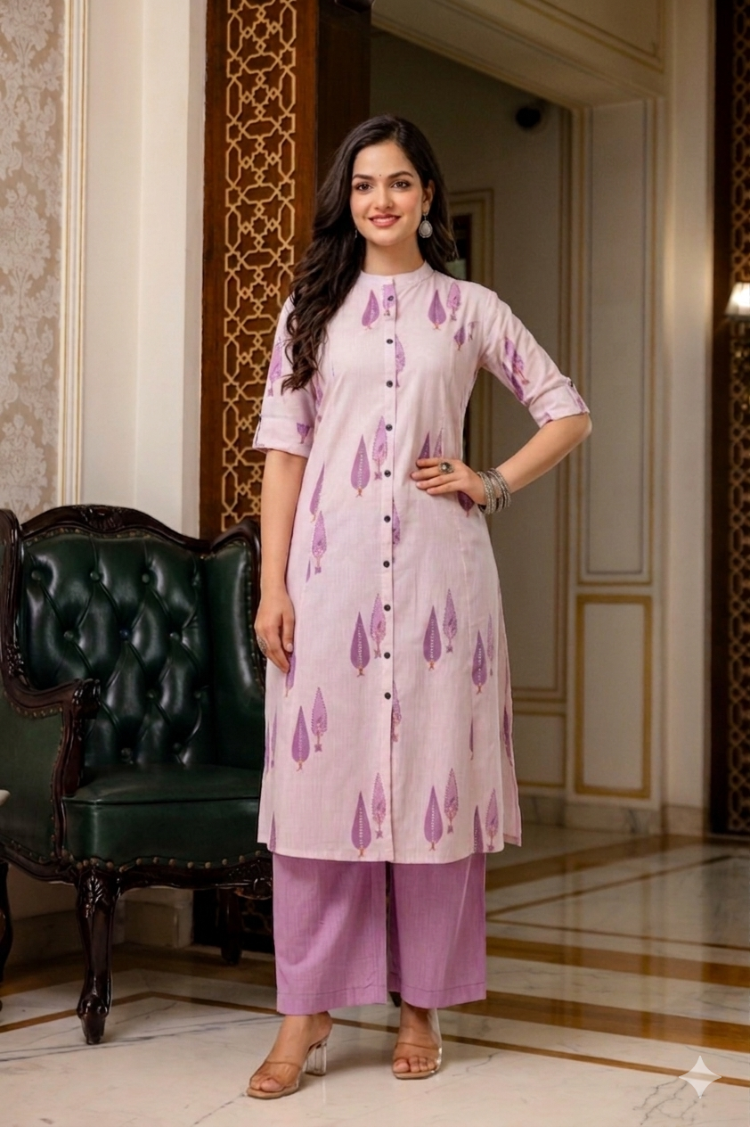 Pastel Lilac Leaf Handblock A-Line Cotton Co-ord Set